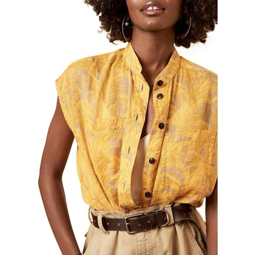 Banana Republic Yellow Printed Cap-Sleeve Button Front Blouse
